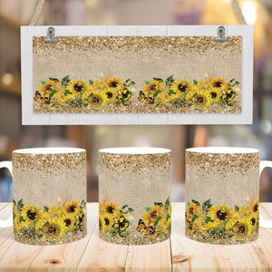 11 Oz mok sublimatie ontwerp, zonnebloemen, gouden glitter, vlinders, mok wrap, cadeaus voor moeder, jute mok ontwerp, sjabloon voor sublimatie.