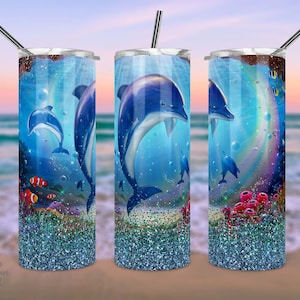 20 Oz Skinny Tumbler Sublimation Design, Delfin Becher, Faux Glitter, Ocean Animals, Tumbler Wrap, Straight / Tapered, PNG.