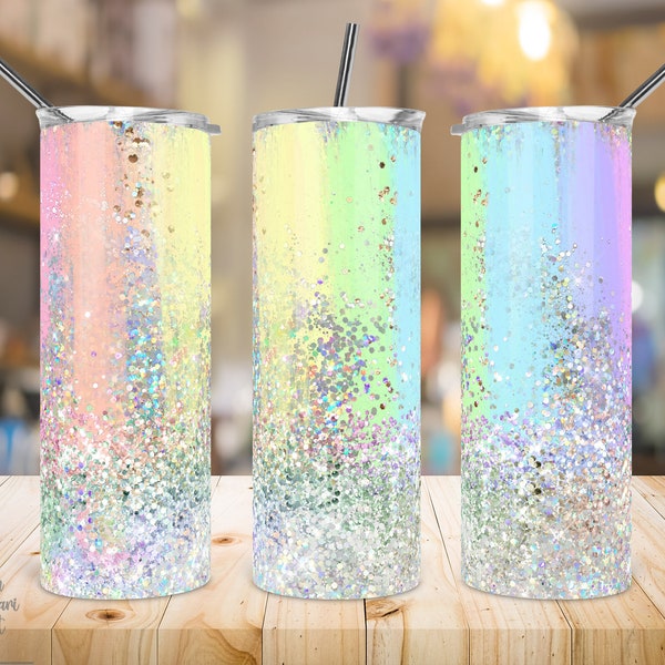 Pastel Rainbow Holographic Glitter Tumbler, 20 Oz Skinny Tumbler, Glitter Tumbler Wrap, Sublimation Template Designs, Straight/Tapered PNG.