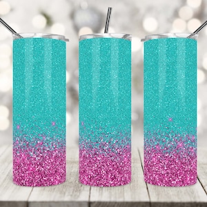 20 Oz Skinny Tumbler Sublimation Design, Pink und Teal Glitzer, Tumbler Wrap, gerade/konisch, PNG Wrap, Direkter Download.