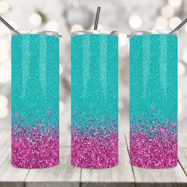 20 Oz Skinny Tumbler Sublimation Design, Pink and Teal Glitter, Tumbler Wrap, Straight/Tapered, PNG Wrap, Instant Download.