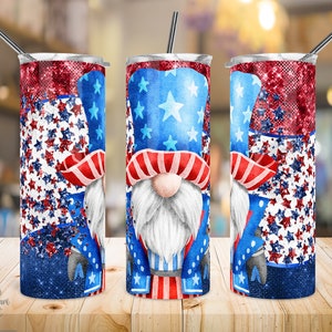 20 Oz Skinny Tumbler Sublimation Design, American Gnome, Red White & Blue Flag, Patriotic, 4th of July, USA Tumblers, Straight/Tapered.