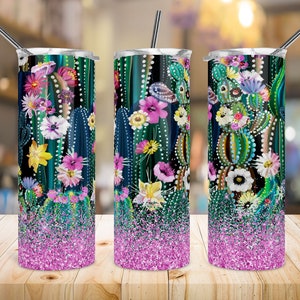 Diseño de sublimación de vaso flaco de 20 oz, Jardín de cactus, Suculento, Mamá vegetal, Envoltura de vaso, Recto/Cónico, PNG, Descarga digital.