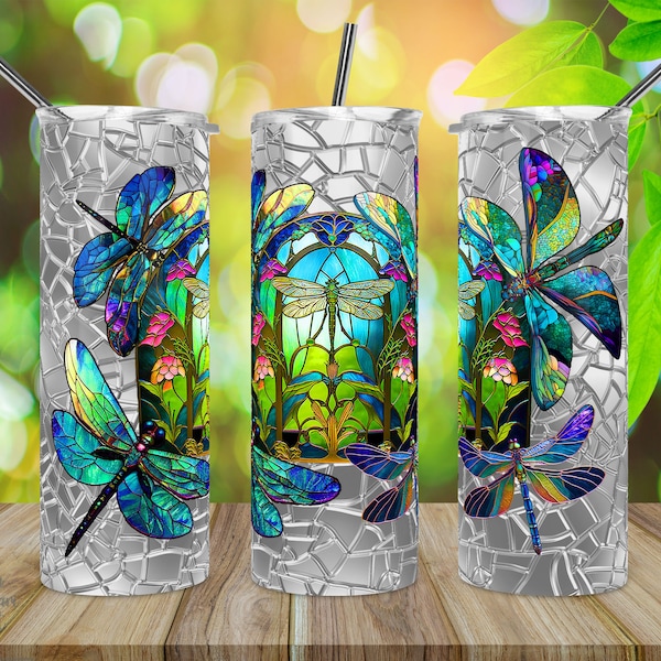20 Oz Dragonfly Stained Glass Window Tumbler Design,  Stained Glass Tumbler, Skinny Wrap PNG, Silver and Green, Sublimation Template.
