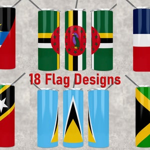 20 oz Skinny Tumbler Design, 18 Caribische landen, vlaggen, Jamaica, Trinidad, Guyana, Dominicaanse Republiek, Barbados, St Lucia, sublimatie.