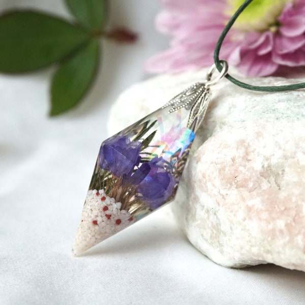 Purple Statice Flower Pendant, Sea lavender pendant, Flower crystal pendant, Summer flower necklace, Cottagecore jewelry,Cottagecore pendant