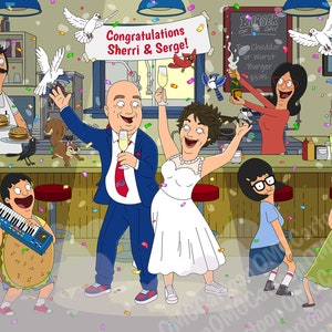 Retrato digital de pareja de Bob's Burgers (dos personas), regalo de bodas, sorpresa de aniversario