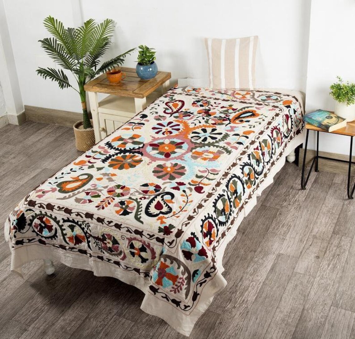 Hand Embroidered Uzbekistan Suzani Bed Cover Indian Handmade | Etsy