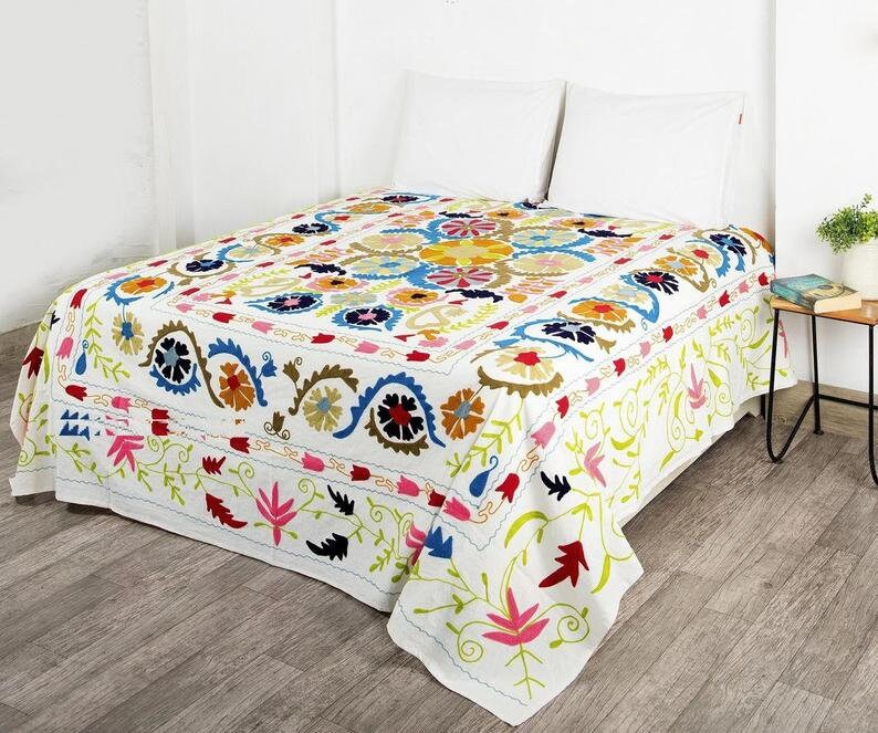 Hand Embroidered Suzani Bed Cover Indian Handmade Cotton Etsy