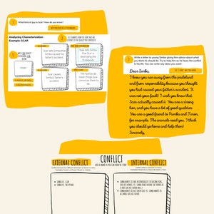 May include: A yellow and white worksheet with the text "Example Answer Sheets" and "Using Disney's The Lion King". The worksheet is divided into sections with headings like "Analyzing Characterization", "Conflict", and "External Conflict". The worksheet includes examples of how to analyze the character of Scar from the movie The Lion King.