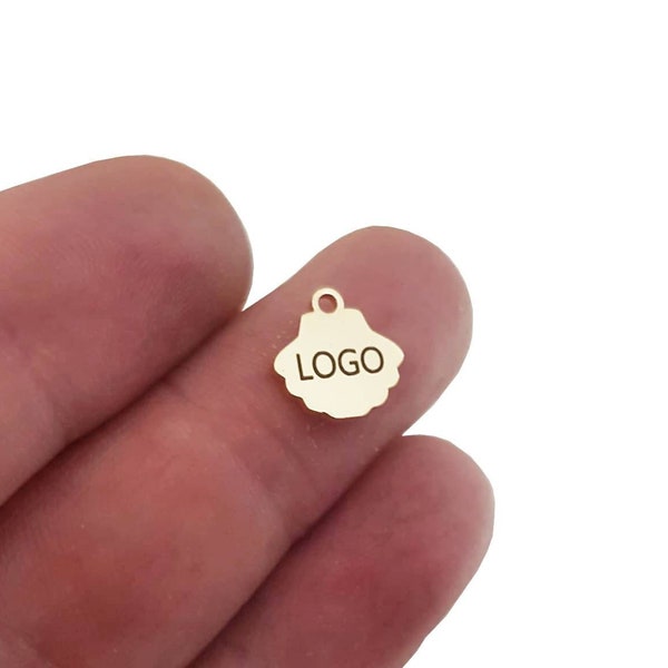 9mm Sea Shell Custom Laser Engraved Logo, Custom Jewelry Tag, Round Disc, Custom Logo Charm, Metal Jewelry Tags, Brass Tags,
