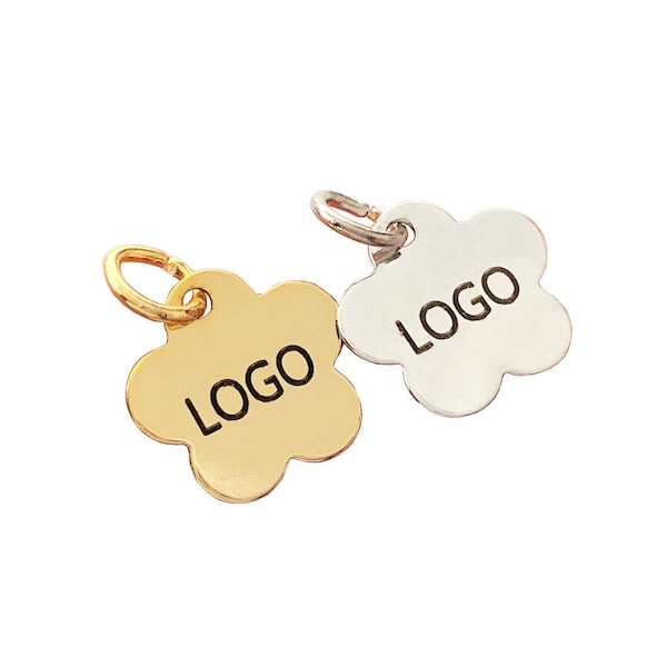 11mm Custom Laser Engraved Logo, 5 Petal Flower. Custom Jewelry Tag, Round Disc, Custom Logo Charm, Metal Jewelry Tags, Brass Tags,