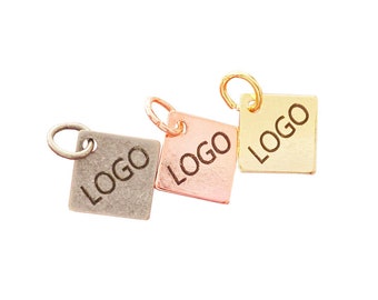Logo carré personnalisé gravé au laser 9 x 9 mm, Étiquette pour bijou personnalisé, Disque rond, Charm logo personnalisé, Étiquettes pour bijoux en métal, Étiquettes en laiton,