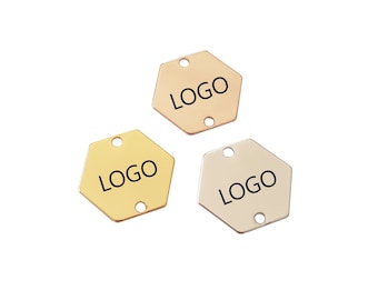 Logo personnalisé 12 mm gravé au laser, Étiquette pour bijou personnalisé, Plaque hexagonale, Hexagone équilatéral de 6 mm, Breloque logo personnalisé, Étiquettes pour bijoux en métal, Étiquettes en laiton