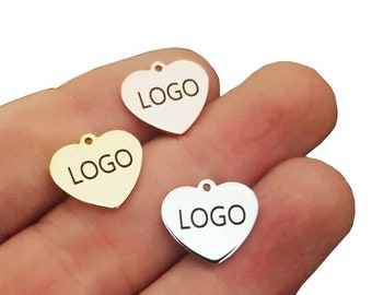 Custom Laser Engraved Heart Charm: Personalized Logo Jewelry Tag (15x12 mm)