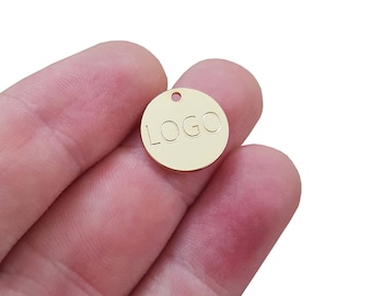 Custom Mechanical Engraved Logo Charm, 14mm Round Jewelry Tag, Metal or Brass
