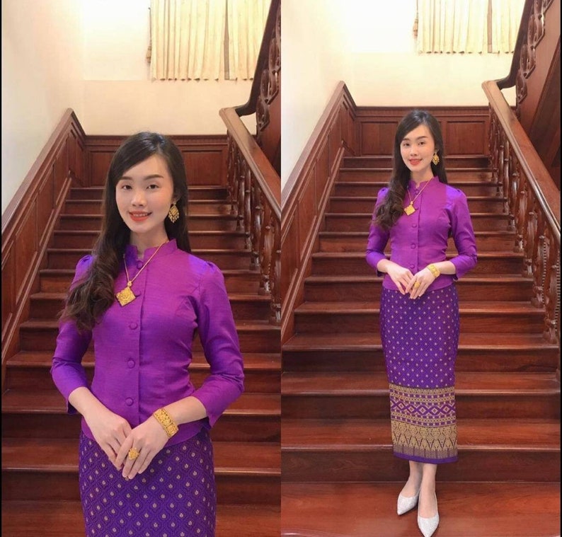 Beautiful Traditional Handmade dress Thai Jitlada for formal occasion, Vintage dress from Thailand, Thai/ Lao sinh, Bust up to 46 image 3