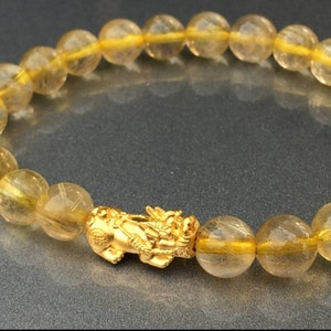 Charming  24K Gold Pixiu Bracelet , 99.99% Thai gold with Rutile Quartz elastic Bracelets, Gemstone Bracelet, Pixiu Bracelet, Valentine gift