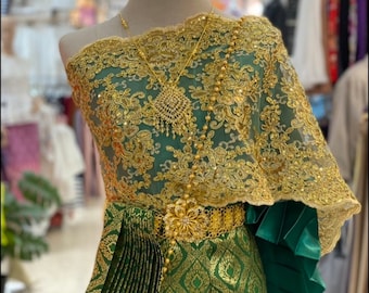 Stunning green traditional Thai/Khmer costume| Lace sash+ brocade Silk Skirt| Thai/Khmer wedding | Thai/Khmer dance, Plus Size Available