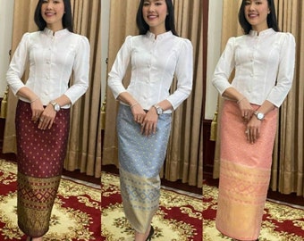 Belle robe en soie classique- robe Thai Jitlada : occasion formelle, robe vintage en soie Thai/Lao pour le temple, Plus Size disponible