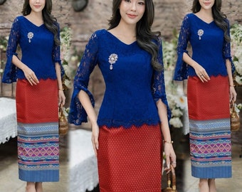 Amazing handmade Thai/Laos Lady dress| Lace tops +Hand woven Skirt(Sinh)| Vintage outfit for making merit at buddhist temple| Bust up to 46"
