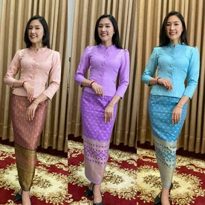 Beautiful Traditional Handmade dress Thai Jitlada for formal occasion, Vintage dress from Thailand, Thai/ Lao sinh, Bust up to 46 image 1