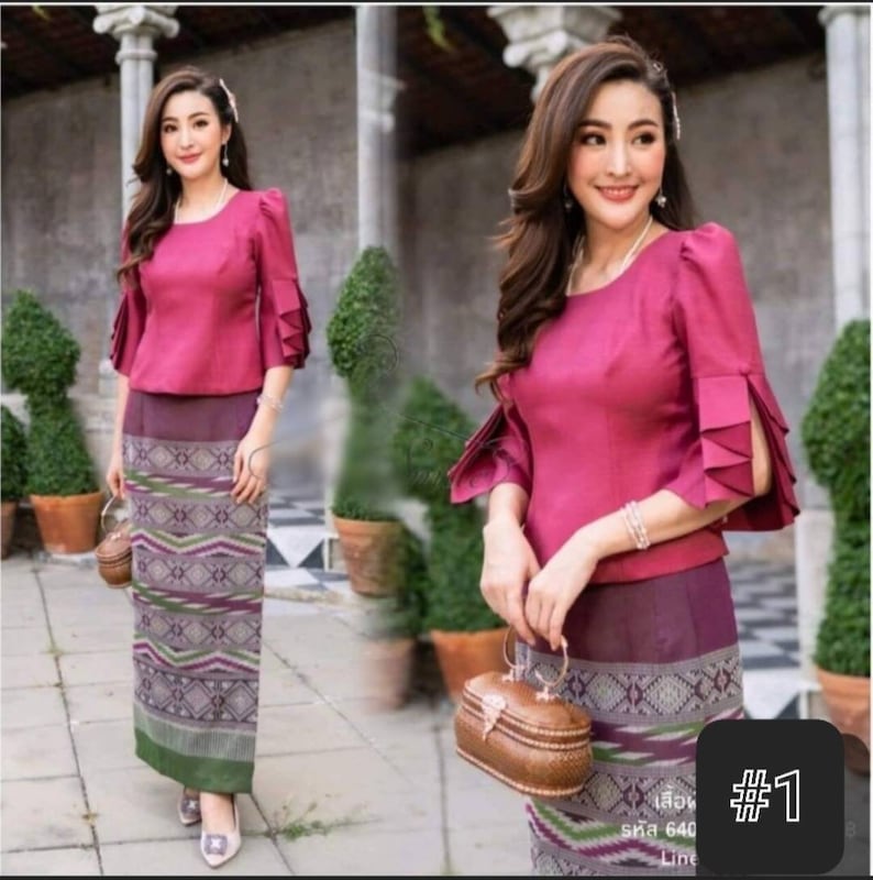 Beautiful traditional Thai/Lao dress Synthetic Silk dress Asian Vintage outfit Temple dress for Asian women Bust up to 44 image 2