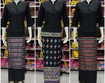 Belle robe thaïlandaise du Laos pour les femmes, jupe enveloppante de blouse de tenue asiatique vintage, robe thaïlandaise Lanna tissée à la main, robe de temple, taille plus disponible