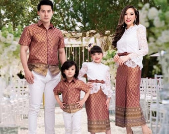 Traditionelle Thai/Laos Familienkostüme | 100% Baumwolle bedruckt| Bügelkleid | Asiatische Vintage Kostüme | Mutter und Tochter Kleider