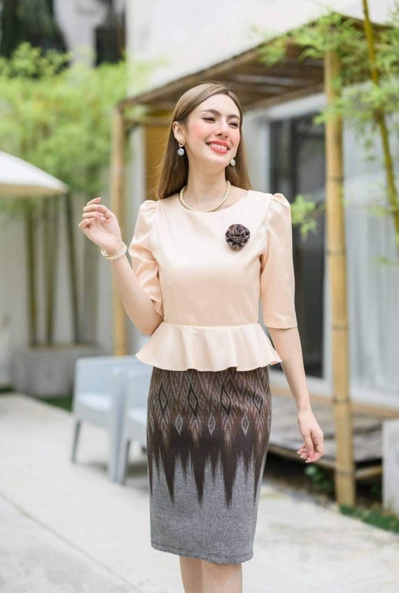 Beautiful Midi Dress Printed Fabric in Thai Pattern Vintage Dress