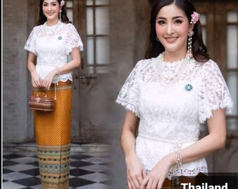 Precious traditional Thai/Lao dress|Lace blouse + Synthetic Silk dress| Asian Vintage outfit| Temple dress for Asian women| Bust up to 44"