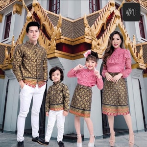 Costumes traditionnels thaïlandais / laos costumes de famille Tissu imprimé 100% coton de robe du temple Costumes vintage asiatiques Robes Mère et Fille image 1