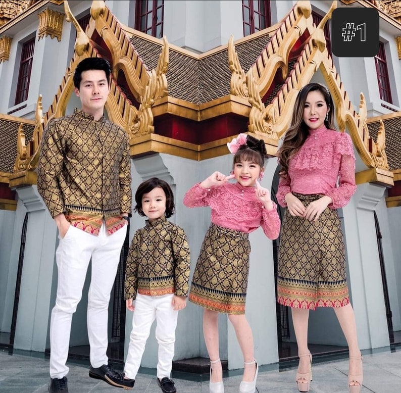 Costumes traditionnels thaïlandais / laos costumes de famille Tissu imprimé 100% coton de robe du temple Costumes vintage asiatiques Robes Mère et Fille image 1