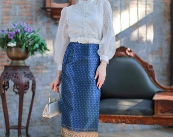 Stunning Thai Lady Dress comes with Belt| Lace tops + Hand Woven Skirt, Mother of Bride dress, Vintage outfit, Temple Outfit, Bust up to40"