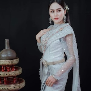 Elegant Thai/Laos wedding dress| Asian Vintage bridal outfit| HandmadEmbroidery Sash+ Hand Woven Skirt| Made to order| Plus Size available