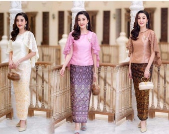 Stunning handmade women dress, Lace top+ Hand woven Skirt(Sinh) Vintage outfit for making merit at buddhist temple, Bust up to 45"