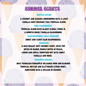 May include: A graphic with a summery theme featuring a list of scents with descriptions. The scents are: Suntan Lotion, Pink Passionfruit, Blue Raspberry Jolly Rancher, Sunkissed, and Pineapple Dreams.