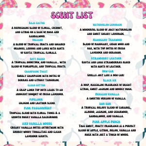 May include: A colorful chart listing 15 different scents with descriptions of each. The scents are: Baja Cactus, Volcano, Butt Naked, Champagne Toast, Clean Cotton, Pipeliner, Pink Passionfruit, Iced Vanilla Woods, Watermelon Lemonade, Mahogany Teakwood, Strawberry Leather, New Car, Black Ice, Mexican Vanilla, Bum Bum, and Pink Apple Punch.