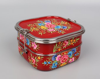 Hand Painted Square Bento Lunch Box Two Compartments | Kashmir Enamelware | Gift For Foodies | Kids Lunch Boxes