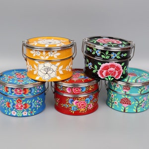 Hand Painted Round 2 Tier Lunch Boxes | Kashmir Enamelware | Indian Handicraft | Picnic Tiffins |Hand Painted Bento Boxes.