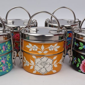 Hand Painted Small Round 2 Tier Tiffins From Kashmir | Hand Painted Boxes |Kashmir Enamelware |Hand Painted Metal