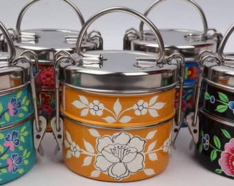 Hand Painted Small Round 2 Tier Tiffins From Kashmir | Hand Painted Boxes |Kashmir Enamelware |Hand Painted Metal
