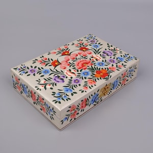 Hand-Painted Kashmiri Wooden Box | Unique Rectangular Storage Chest | Traditional Art from Kashmir | Decorative Kashmir Storage.