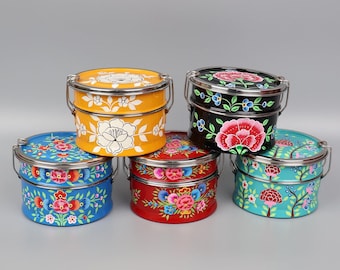 Hand Painted Round 2 Tier Lunch Boxes | Kashmir Enamelware | Indian Handicraft | Picnic Tiffins |Hand Painted Bento Boxes.