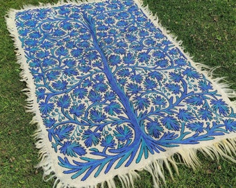 Kashmir Embroidered Namda Rug | Bohemian Wool Felt Floor Art | Large Area Handmade Indian Wool Rug | Blue Hand  Embroideries