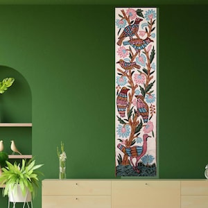 Tapiz de pared con bordado tradicional de lana de la India: regalo perfecto para amantes del arte / Tapiz de pared largo de Cachemira cosido a mano