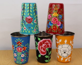 Hand Painted Set Of 5 Pcs Water Tumbler From Kashmir | Kashmir Enamelware | Indian Enamelware | Kitchen Decor.