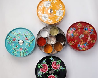 Hand Painted Masala Round Box | Kashmir Enamelware | Hand Painted Spice Tin |Kitchen Decor |Indian Spice Container