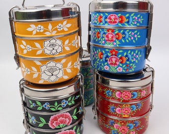 Hand Painted 3 Tier Round Tiffin From India | Kashmir Enamelware |Picnic Food Carriers |Gift For Foodies