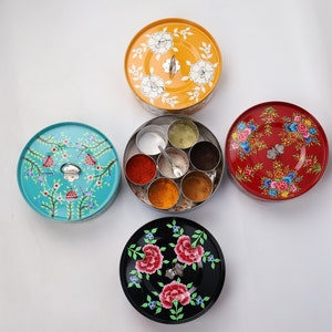 Hand Painted Masala Round Box | Kashmir Enamelware | Hand Painted Spice Tin |Kitchen Decor |Indian Spice Container